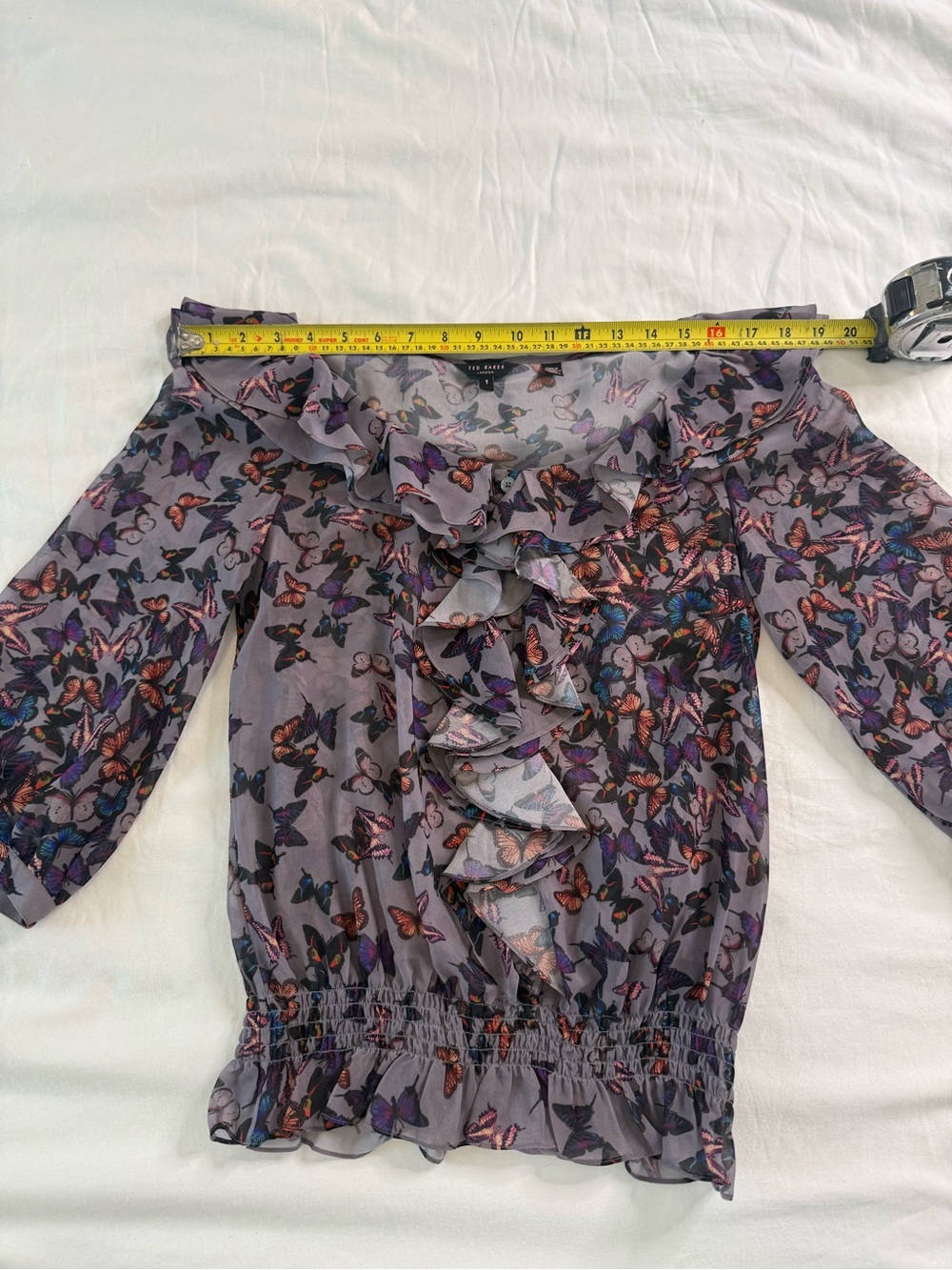 Ted Baker Butterfly Ruffle Chiffon Smocked Blouse Whimsical Balletcore Size 1 - Picture 9 of 12